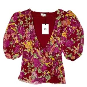 Revolve x LPA ada wrap metallic floral puff sleeve v neck blouse NWT